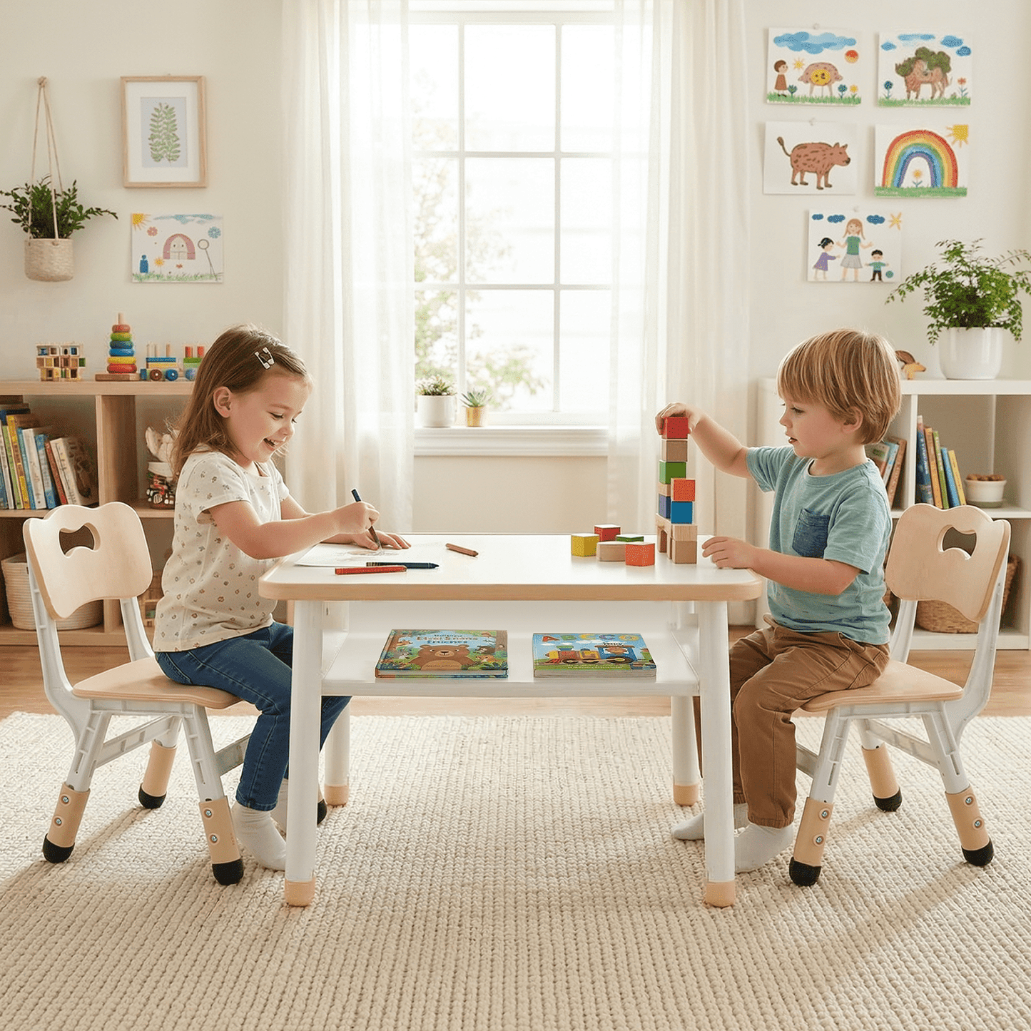 LAZY BUDDY Kids Table and 2 Chairs Set, Toddler Activity Table with Built-in Storage Shelf & Graffiti Desktop, Adjustable Chair