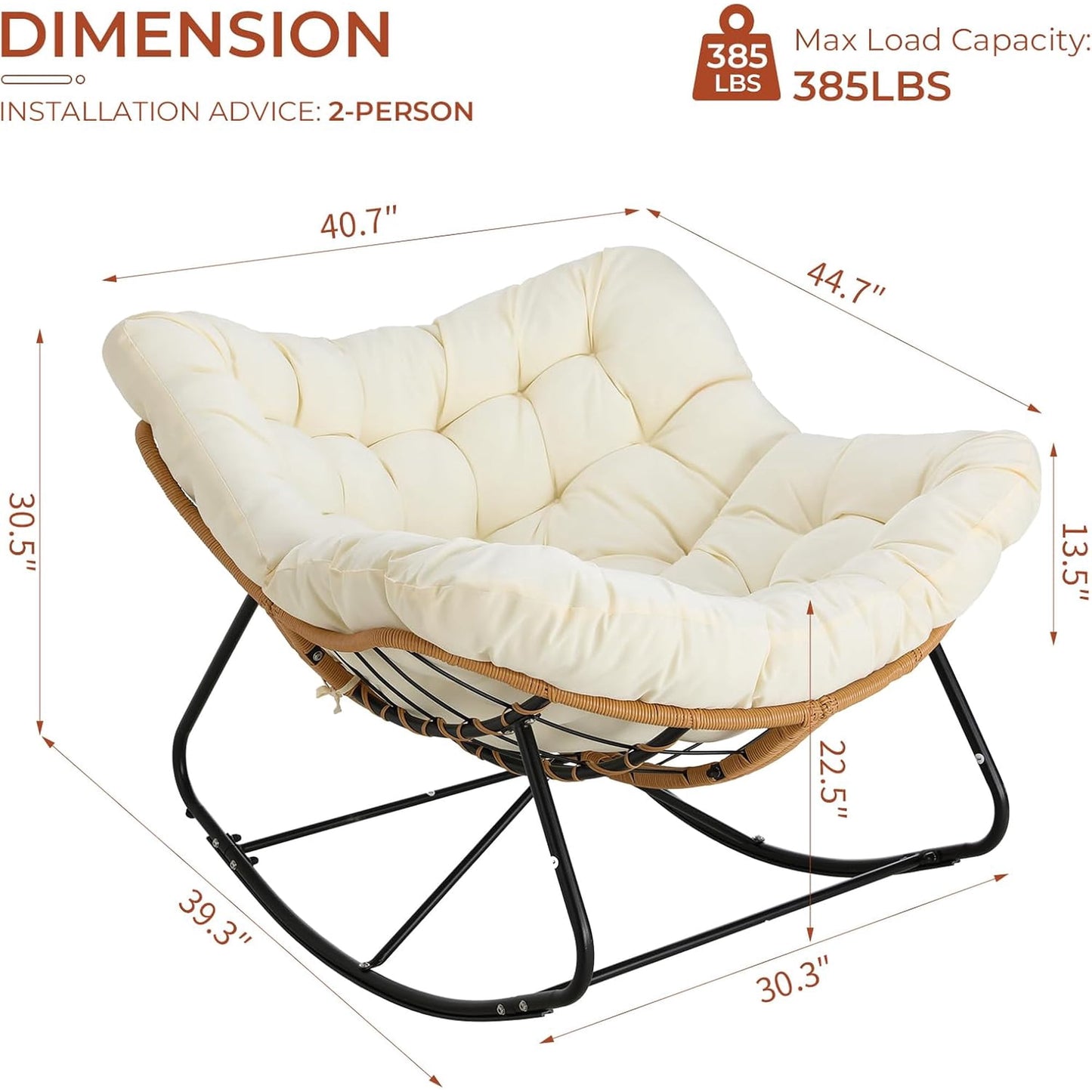 LAZY BUDDY Outdoor Papasan Rocking Chair, Oversized Lounge Chair Rocker with Thick Cushion, for Patio, Balcony, Porch and Indoor