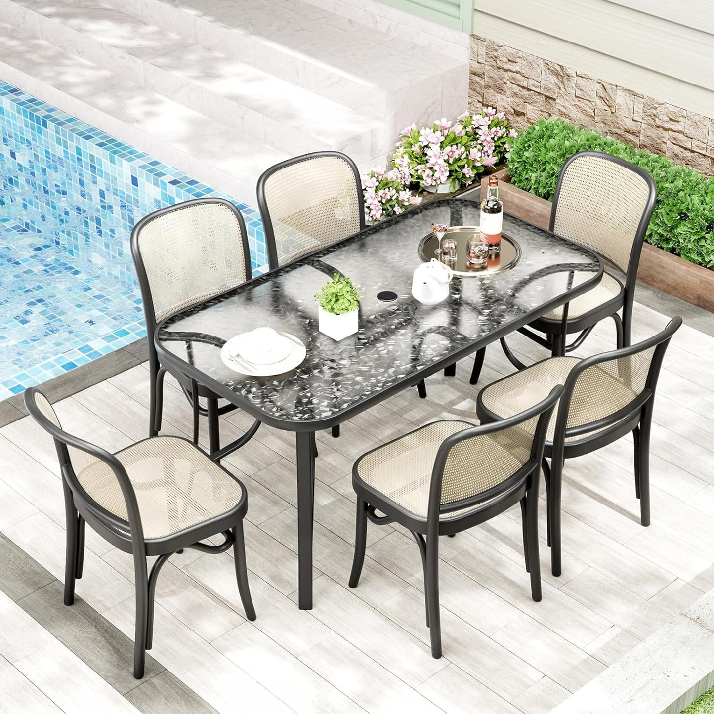 LAZY BUDDY Patio Table with 1.69'' Umbrella Hole, Rectangular Outdoor Dining Table with Tempered Glass Tabletop for 6, for Balcony Garden Deck