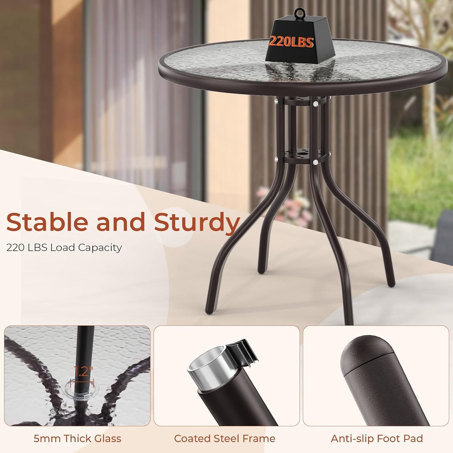 LAZY BUDDY 6-Piece Outdoor Patio Dining Set with Umbrella, All-Weather Round Glass Table with 4 Folding Chairs, Metal Frame, for Backyard Deck Garden