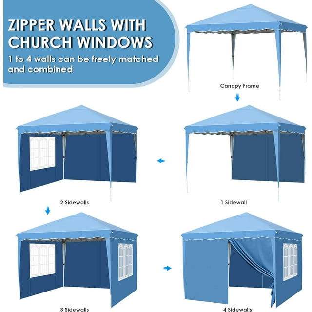 LAZY BUDDY Pop up Canopy Tent, 10x10 ft Commercial Instant Shelter Gazebo with Wheeled Bag, 4 Removable Side Walls, Blue