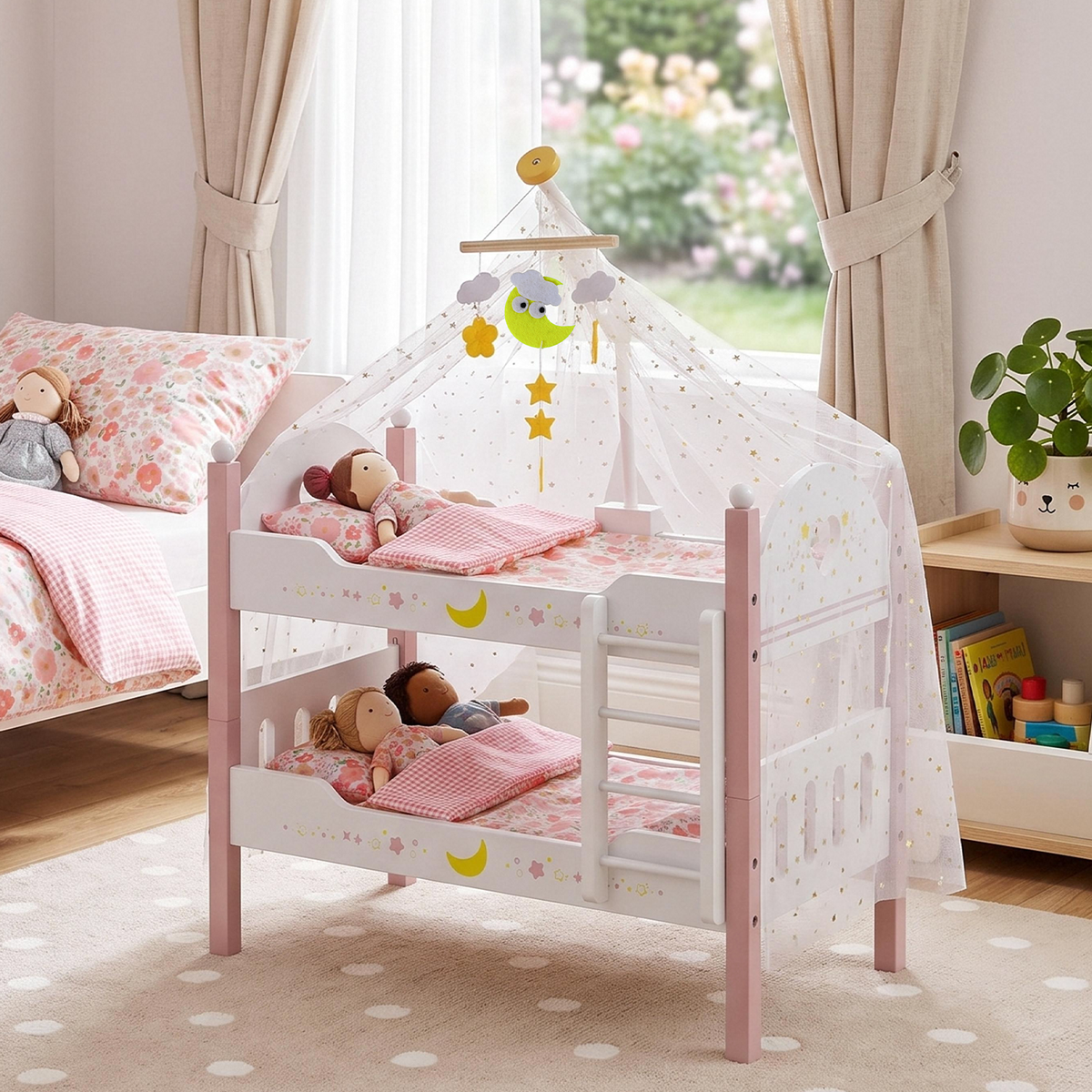 LAZY BUDDY Wooden Bunk Bed for Dolls up to 19in, Baby Dolls Crib with Bedding, Pretend Play Toy for Kids 3+