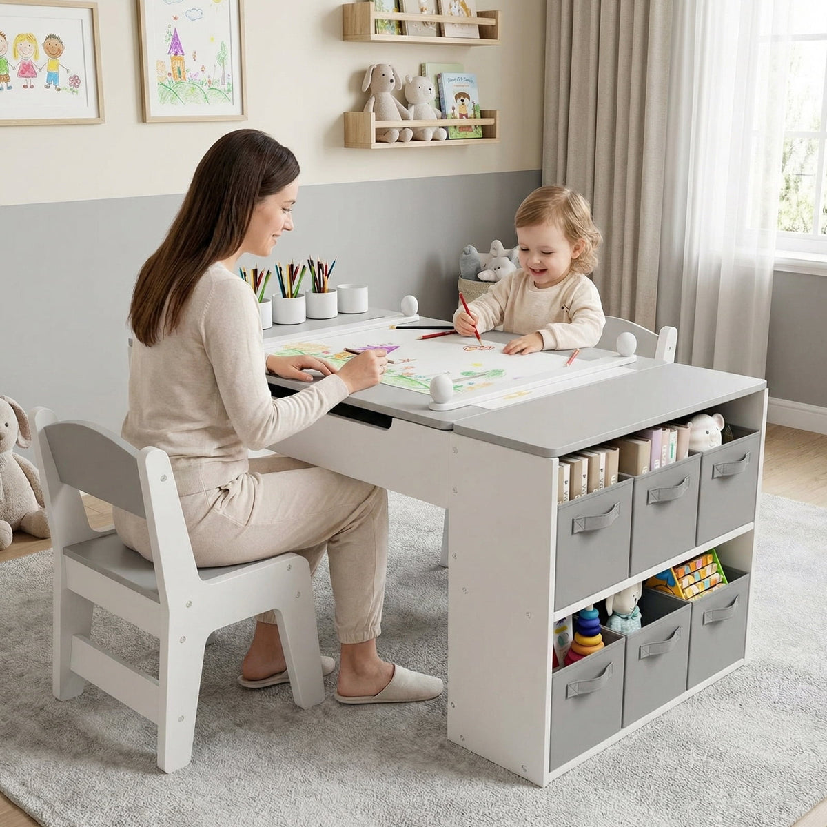 LAZY BUDDY Kids Art Table and Chairs Set, 2-in-1 Easel & Kids Craft Table and Chairs with Storage Bins, Paint Cups and Paper Roll