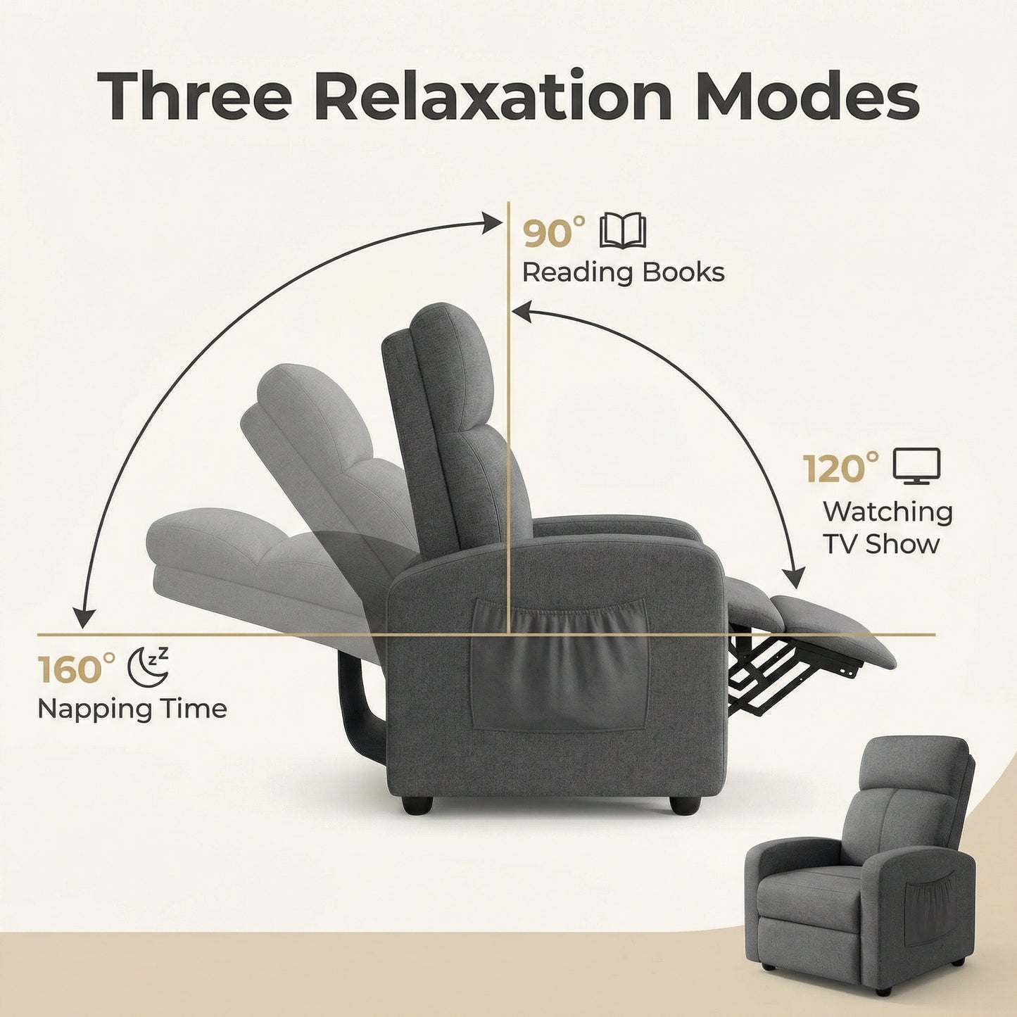 LAZY BUDDY 3 in 1 Adjustable Recliner Chair, Fabric Recliner Sofa for Adults with Side Pocket, Home Theater Seating with Lumbar Support & Backrest for Living Room