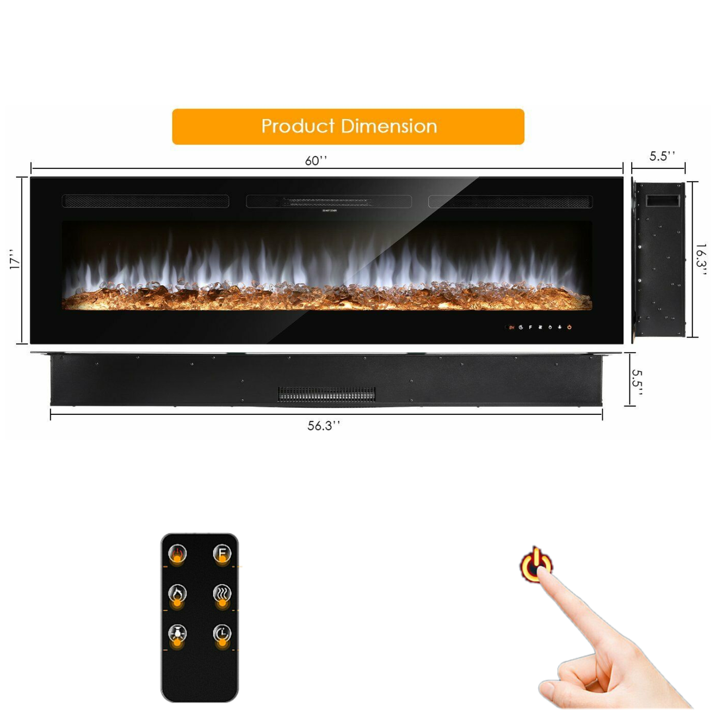 LAZY BUDDY 60'' Electric Fireplace, Wall Mounted & Recessed Fireplace Heater with Remote Control, Touch Screen, Multi-Color Flame