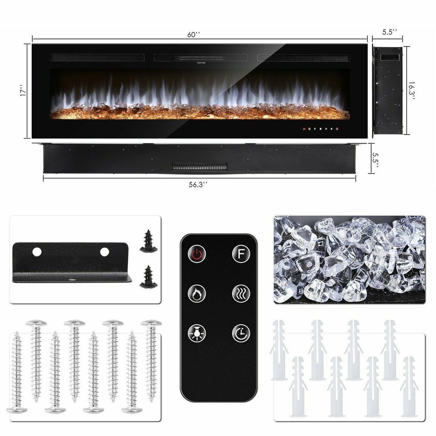 LAZY BUDDY 60'' Electric Fireplace, Wall Mounted & Recessed Fireplace Heater with Remote Control, Touch Screen, Multi-Color Flame