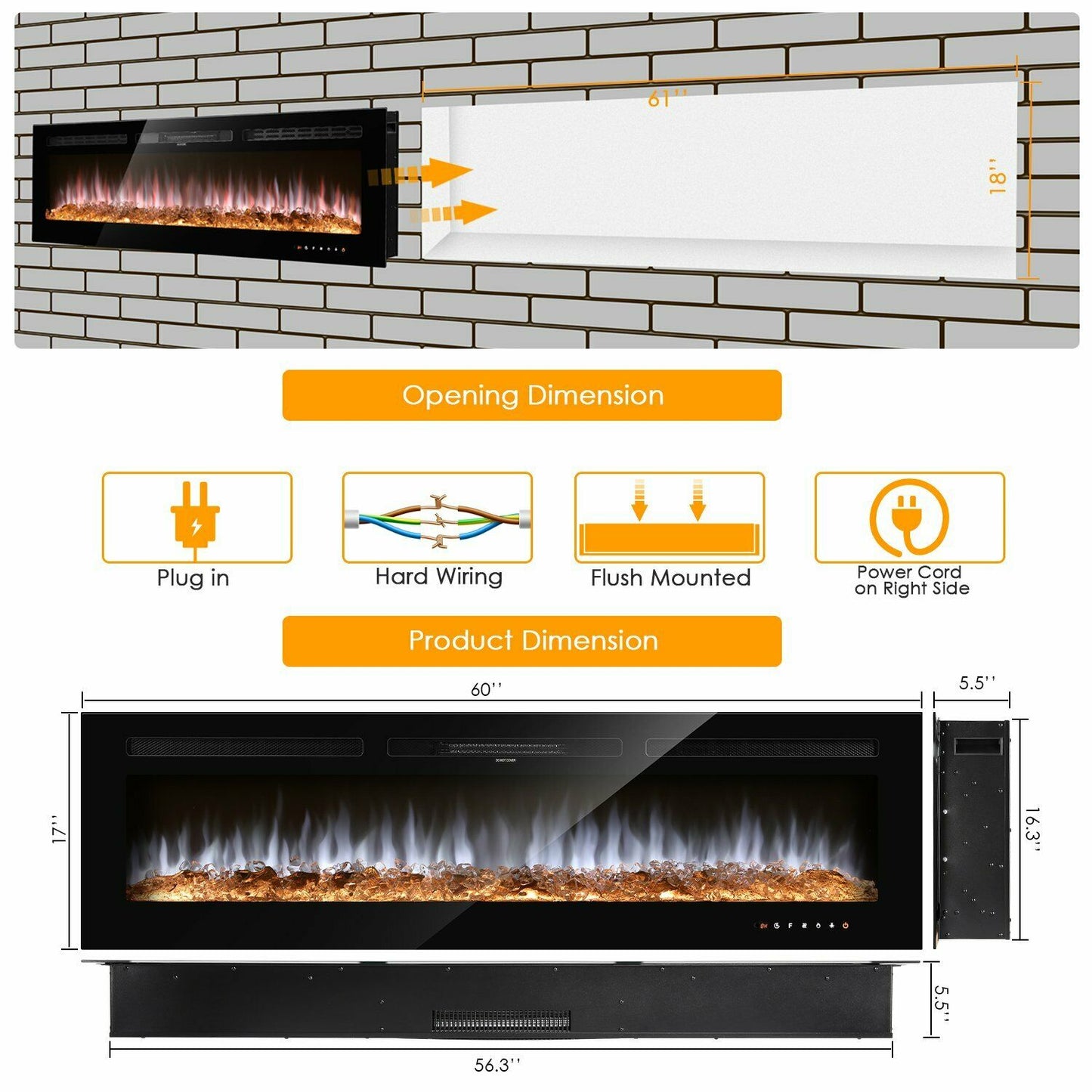 LAZY BUDDY 60'' Electric Fireplace, Wall Mounted & Recessed Fireplace Heater with Remote Control, Touch Screen, Multi-Color Flame