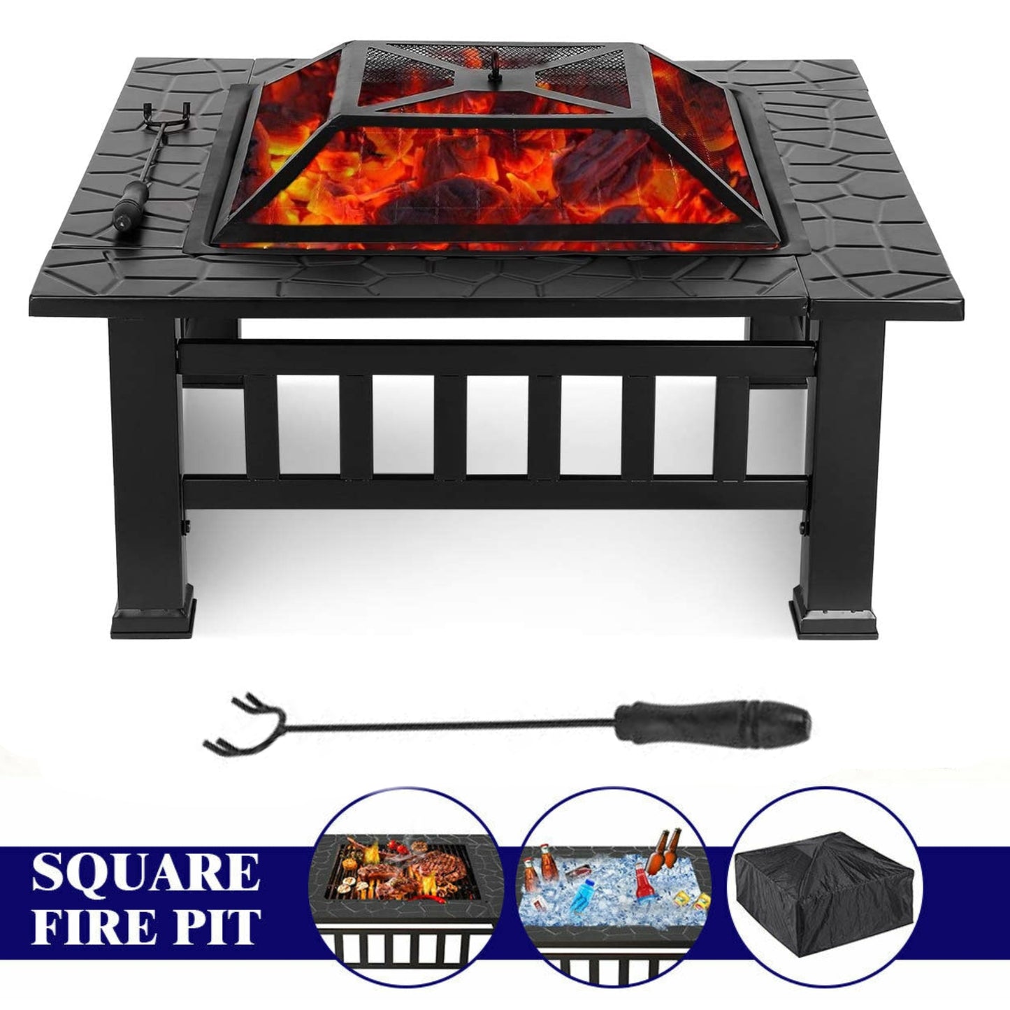 LAZY BUDDY Steel Fire Pits for Outside, 32'' Square Wood Burning Fire Pit Table, Outdoor Patio BBQ Firepit Bonfire Party